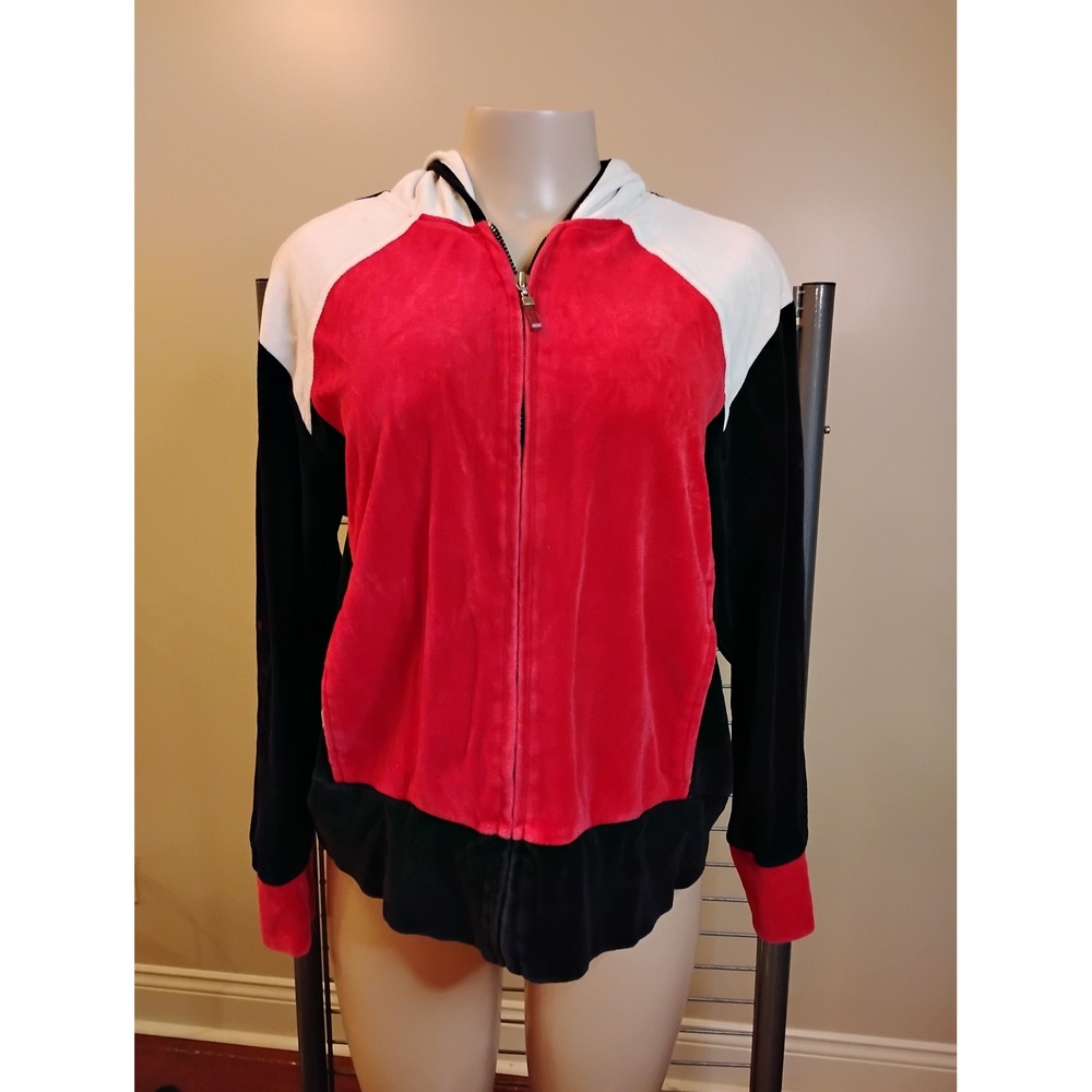 Y2K Erika Sport Woman Velour Colorblock Zip‎ Up Hoodie Red Black White Large